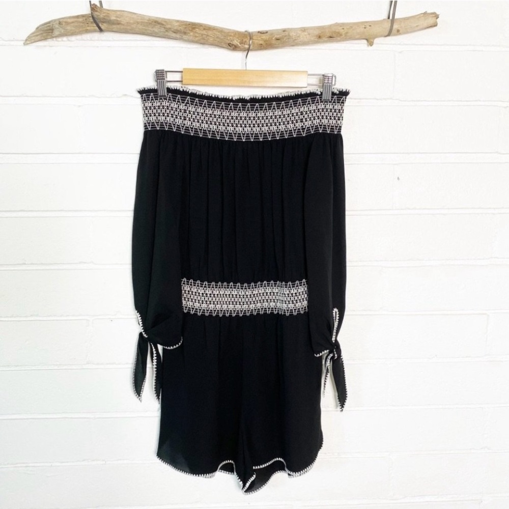 Silk Off shoulder Smocked Black Romper RACHEL ZOE S